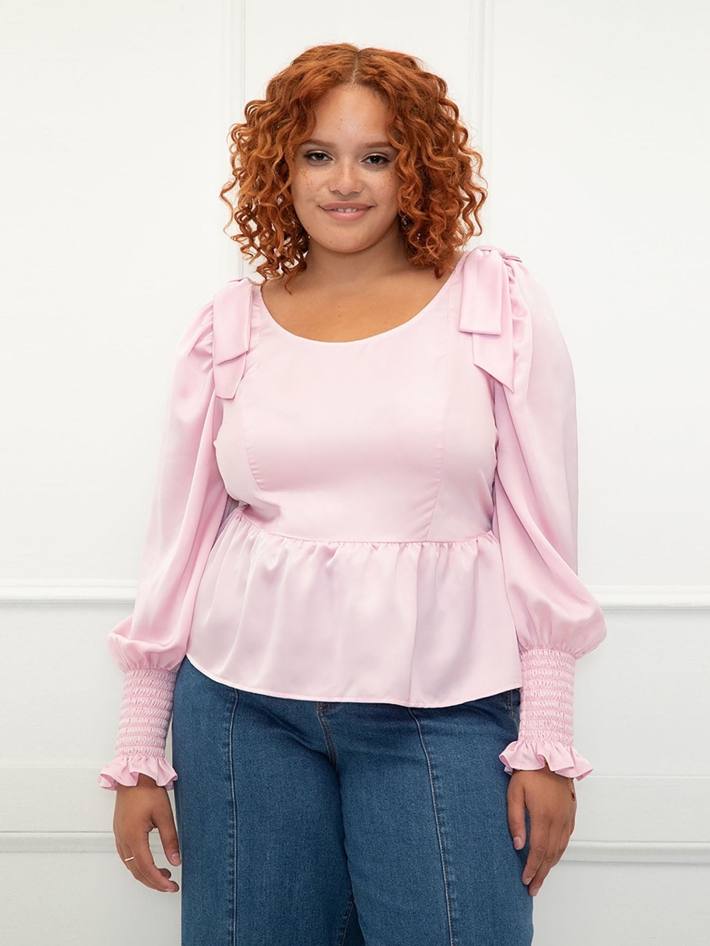 ELOQUII Elements Pink Peplum Satin Blouse With Bows